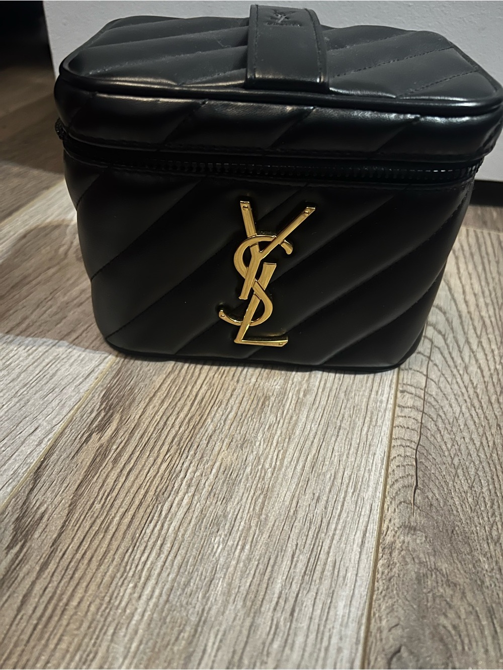 YSL beauty Cosmetics Quilted Vanity Case Crossbody Bag Black & Gold